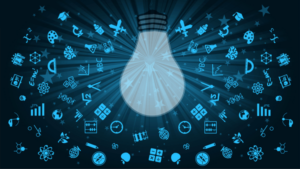 A blue and black graphic illustration showing a light bulb surrounded by other symbols that represent the connectivism learning theory.