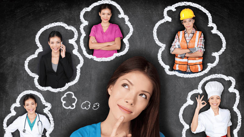 A woman deciding on a CTE pathway and career path visualized by various thought bubbles above her head. 