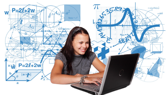 Girl conducting stem evaluation on laptop with STEM background.