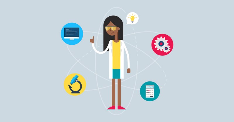 STEM clipart of woman surrounded by STEM related images.