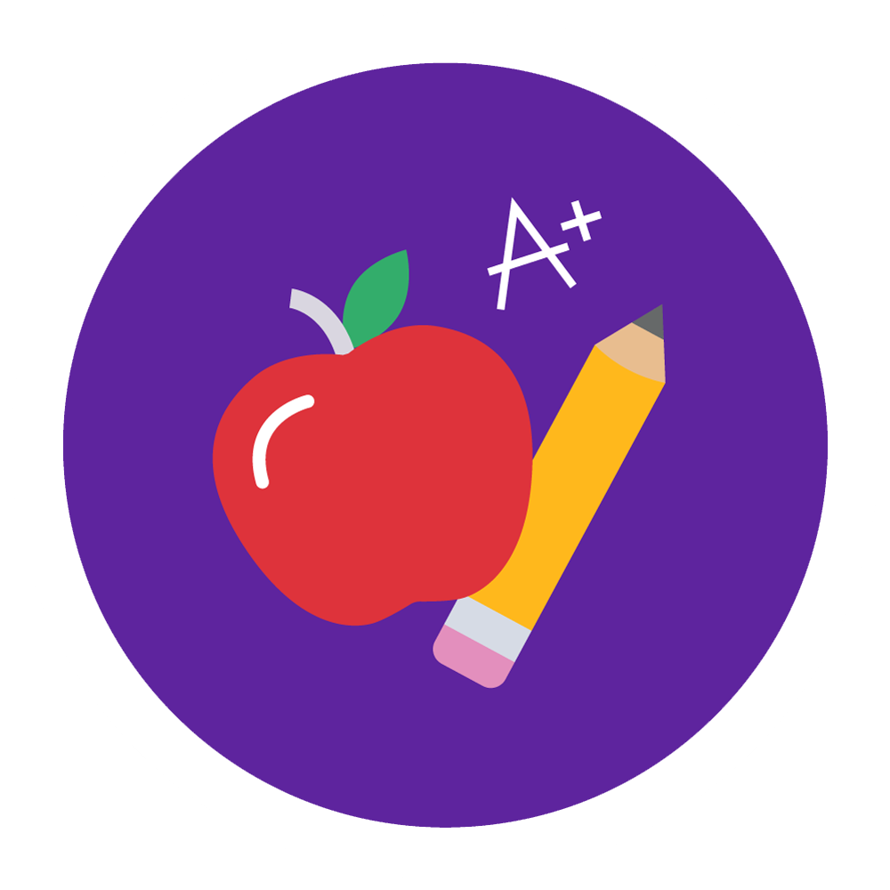 Cartoon image of apple, pencil, and A+.