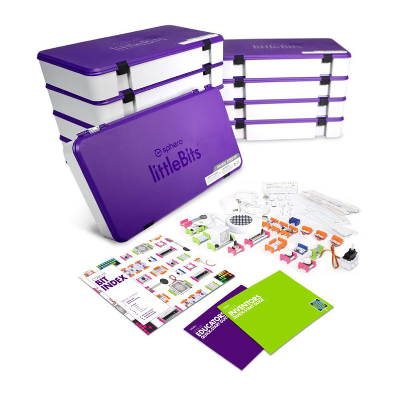 A display of all of the parts included in the littleBit's code kit. 