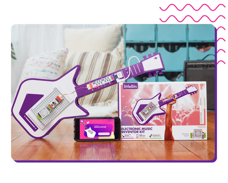 littleBits Electronic Music Kit package, electronic guitar, and phone with the Inventor App.