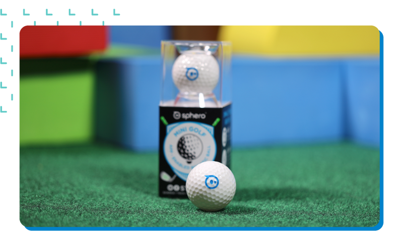 Two Sphero mini golf robots, one in packaging and one without the packaging sitting next to each other