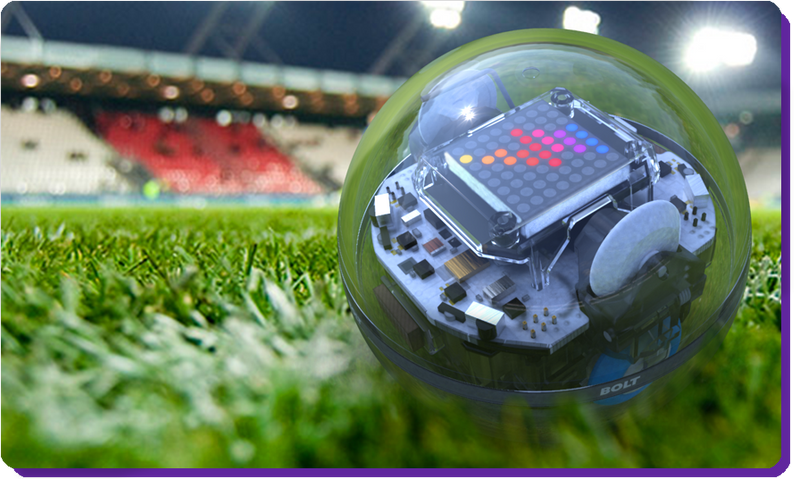 The Sphero BOLT Robot sits on the Premium Bespoke Football Code Mat.