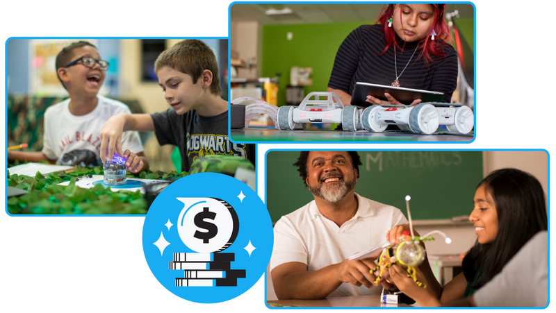 Pictures of kids using STEM products with grant funds.