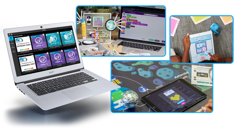 Laptop with Sphero Edu coding app and photos of coding.