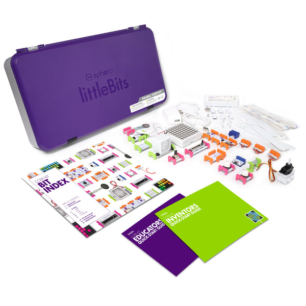 littleBits Code Kit with electronic circuits and educator guides.