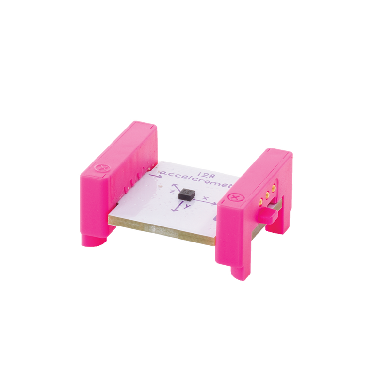 Pink littleBits i28 accelerometer side view.