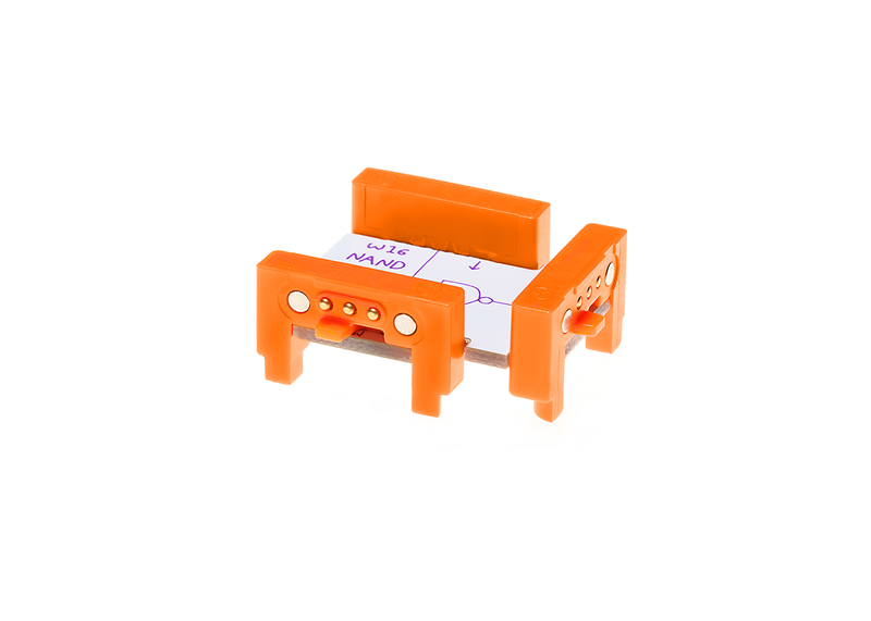 Orange littleBits w16 NAND bit side view.
