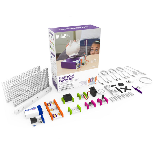 littleBits Rule Your Room package, bits, and accessories.