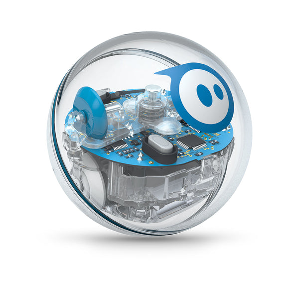 SPRK+ robotic ball with clear shell showing circuits and wheels.