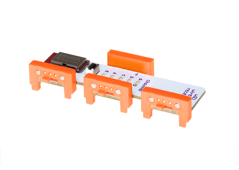 Orange five channels littleBits w21 wireless receiver bit side view.